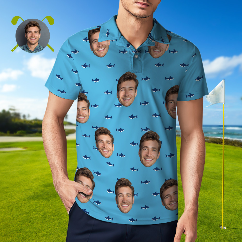 Custom Face Polo Blue Shark Golf Polo Shirt Men's Polo Shirt Gift - PhotoMoonLamp