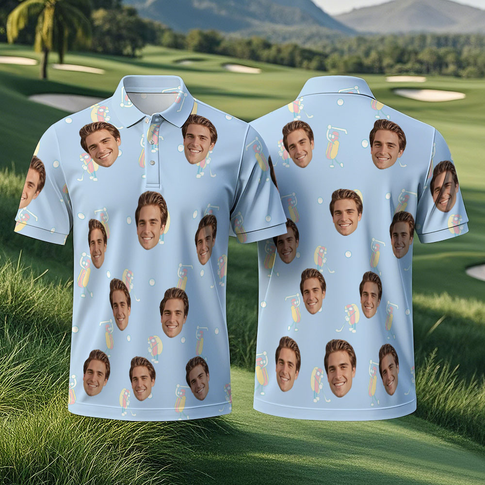 Custom Face Polo Light Blue Golf Polo Shirt Men's Polo Shirt Party Gift - PhotoMoonLamp