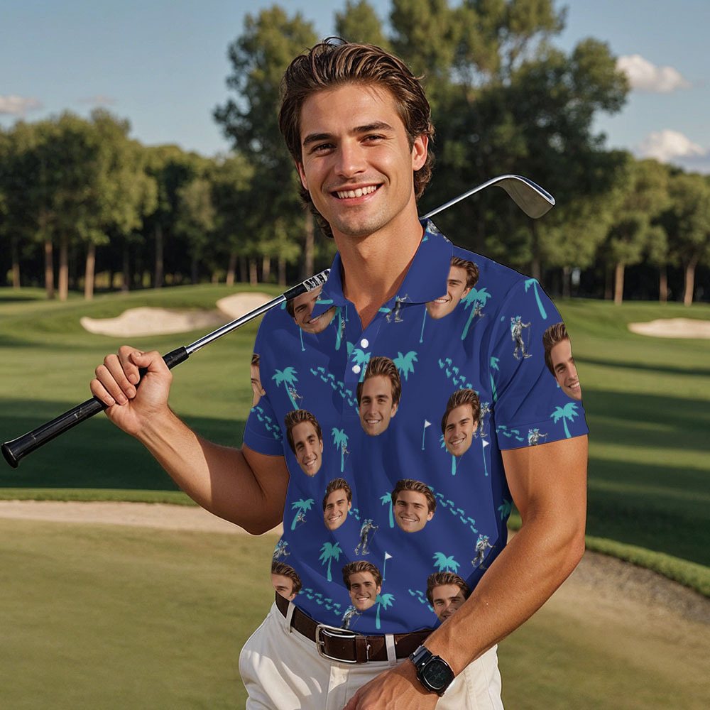 Custom Face Polo Blue Shark Golf Polo Shirt Men's Polo Shirt Gift - PhotoMoonLamp