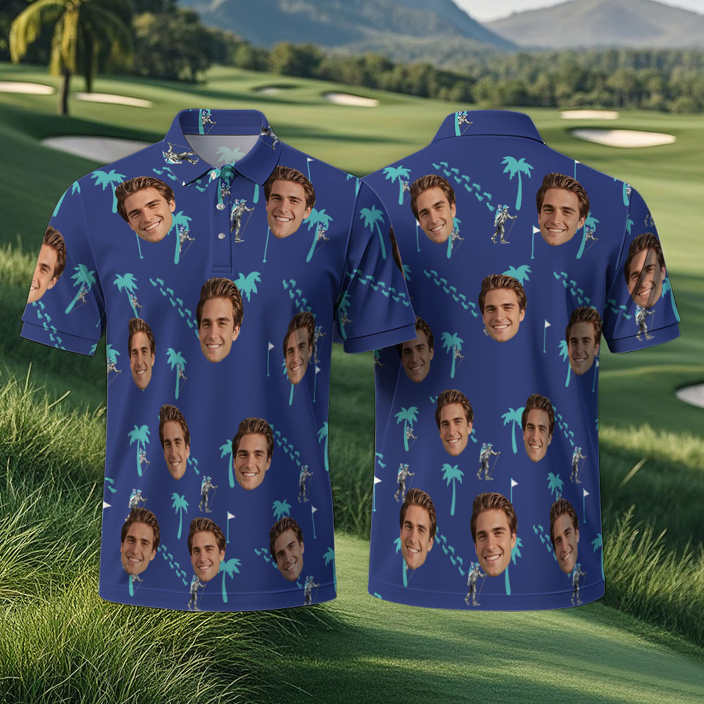 Custom Face Polo Light Blue Golf Polo Shirt Men's Polo Shirt Party Gift - PhotoMoonLamp