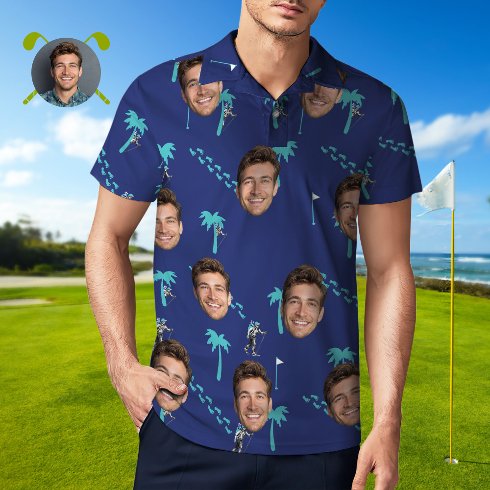 Custom Face Polo Blue Shark Golf Polo Shirt Men's Polo Shirt Gift - PhotoMoonLamp