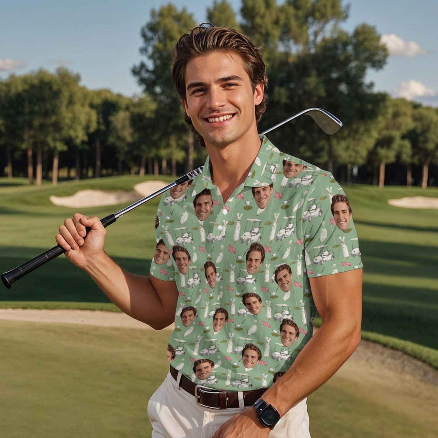 Custom Polo Shirt Personalized Face Polo Green Golf Graffiti Polo Shirt Men's Polo Shirt Gift - PhotoMoonLamp