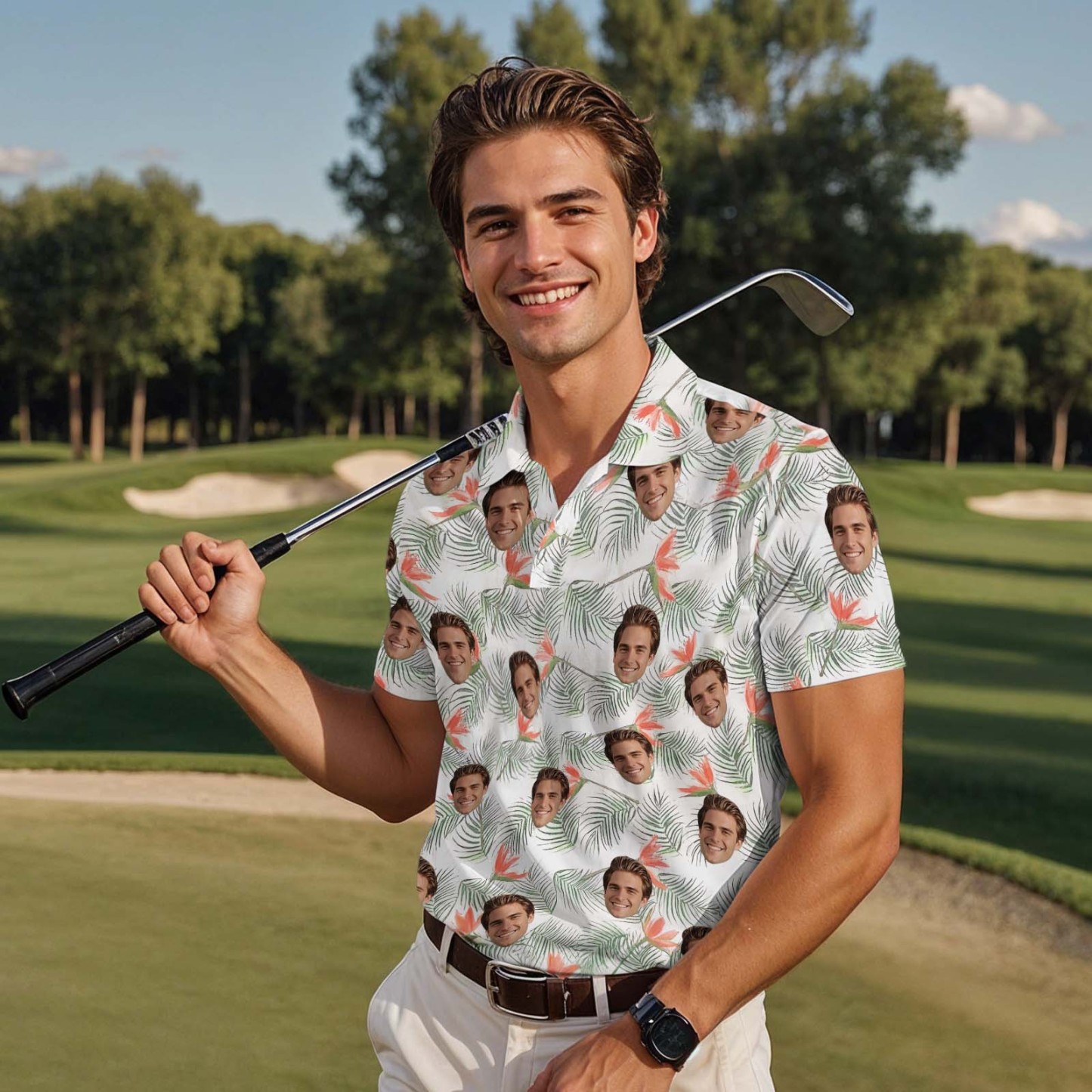 Custom Face Polo Shirt for Golfer Face on Shirt Gifts for Husband Personalized Green Golf Bucket Short Sleeve Golf Shirt - PhotoMoonLamp