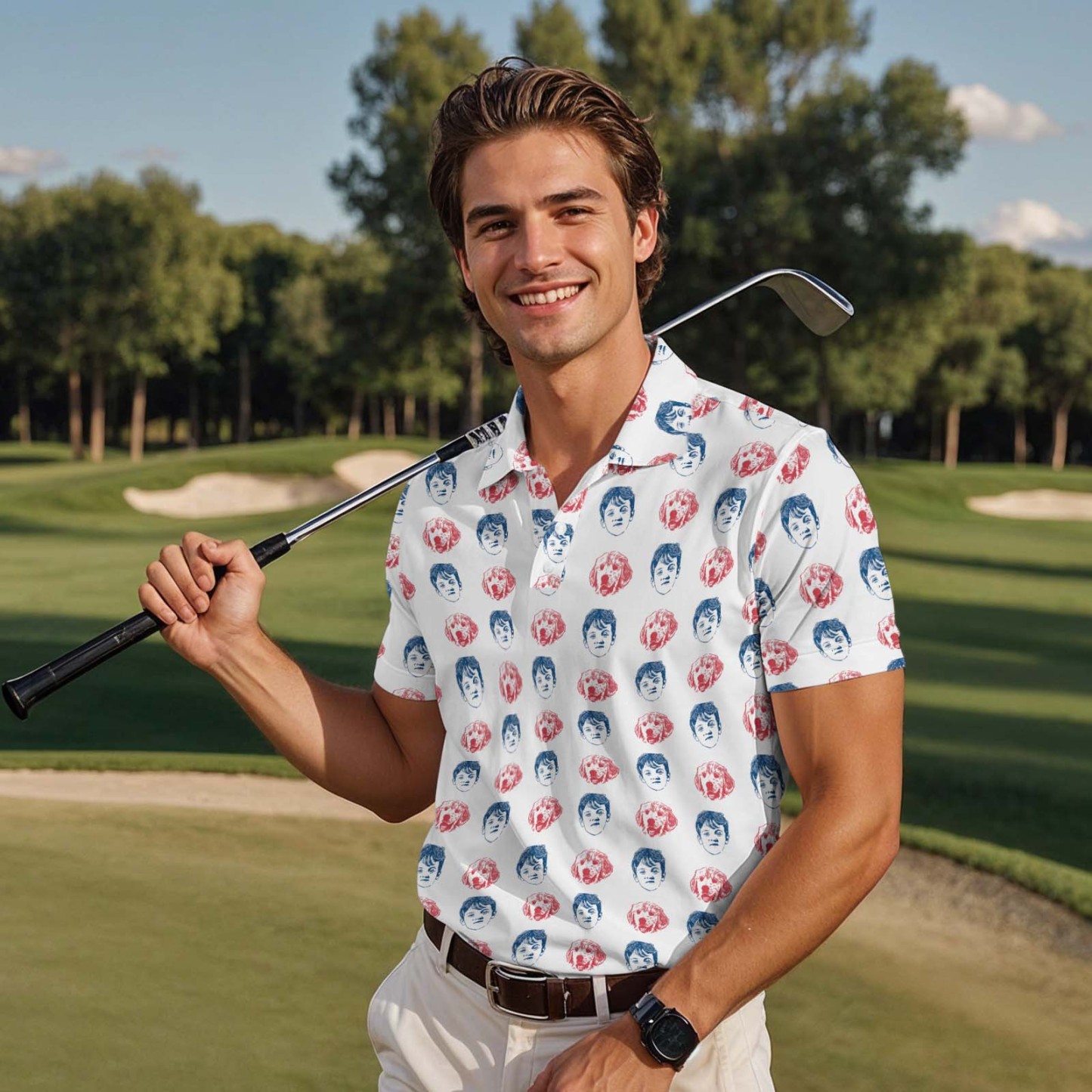 Custom Face Polo Shirt for Golfer Face on Shirt Gifts for Husband Personalized Green Golf Bucket Short Sleeve Golf Shirt - PhotoMoonLamp