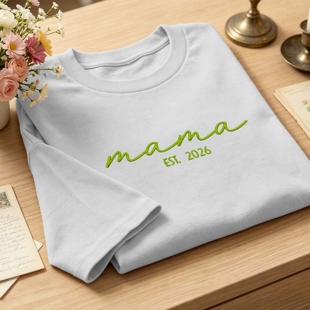 Custom Mama Embroidered T-Shirt Personalized Embroidered Tee for Mom New Mom Style Pregnancy Announcement Outfit Mother's Day Gift Selection - PhotoMoonLamp