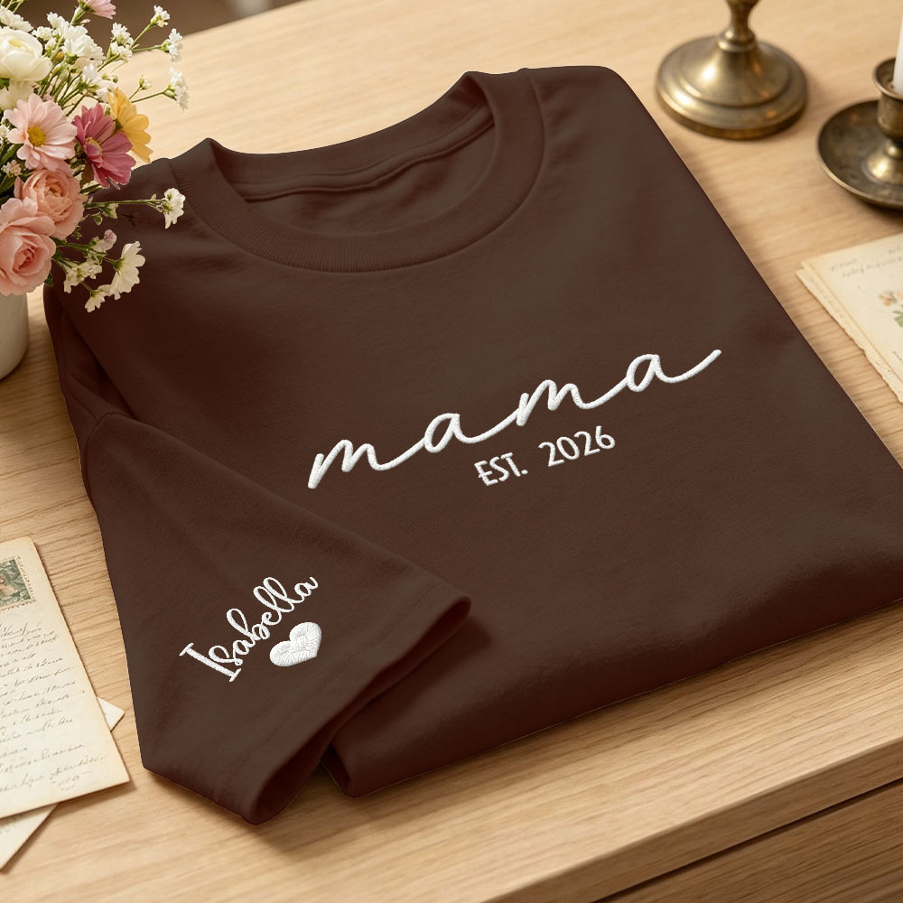 Custom Mama Embroidered T-Shirt Personalized Embroidered Tee for Mom New Mom Style Pregnancy Announcement Outfit Mother's Day Gift Selection - PhotoMoonLamp