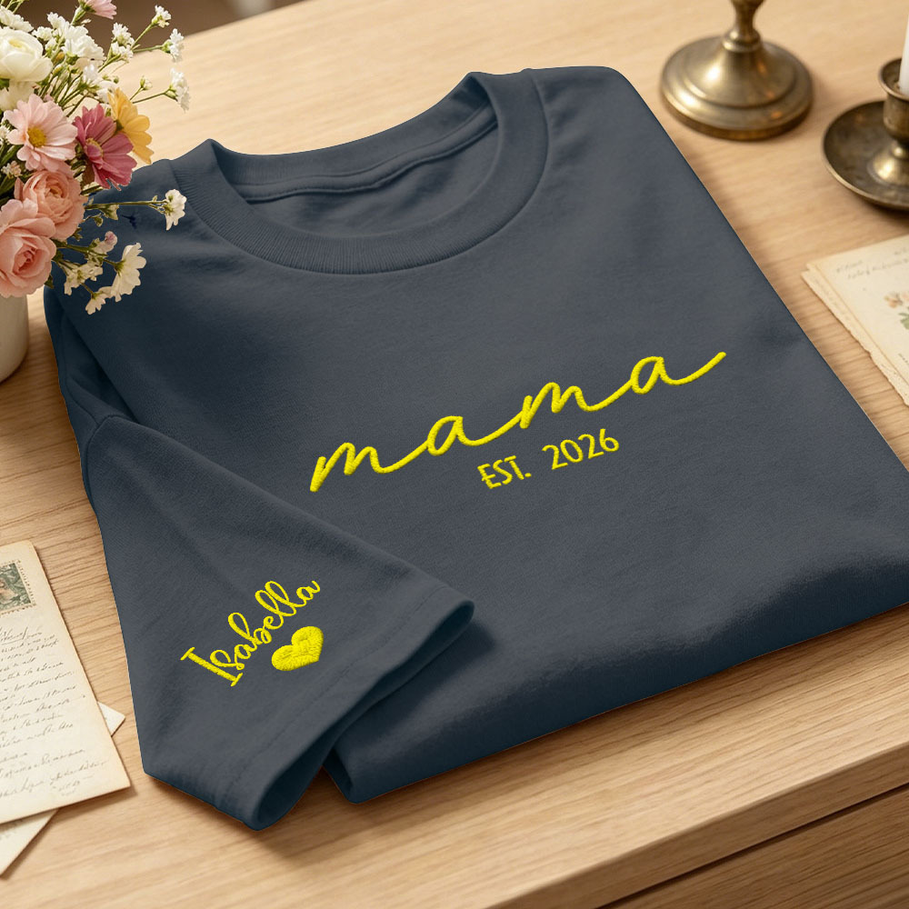 Custom Mama Embroidered T-Shirt Personalized Embroidered Tee for Mom New Mom Style Pregnancy Announcement Outfit Mother's Day Gift Selection - PhotoMoonLamp