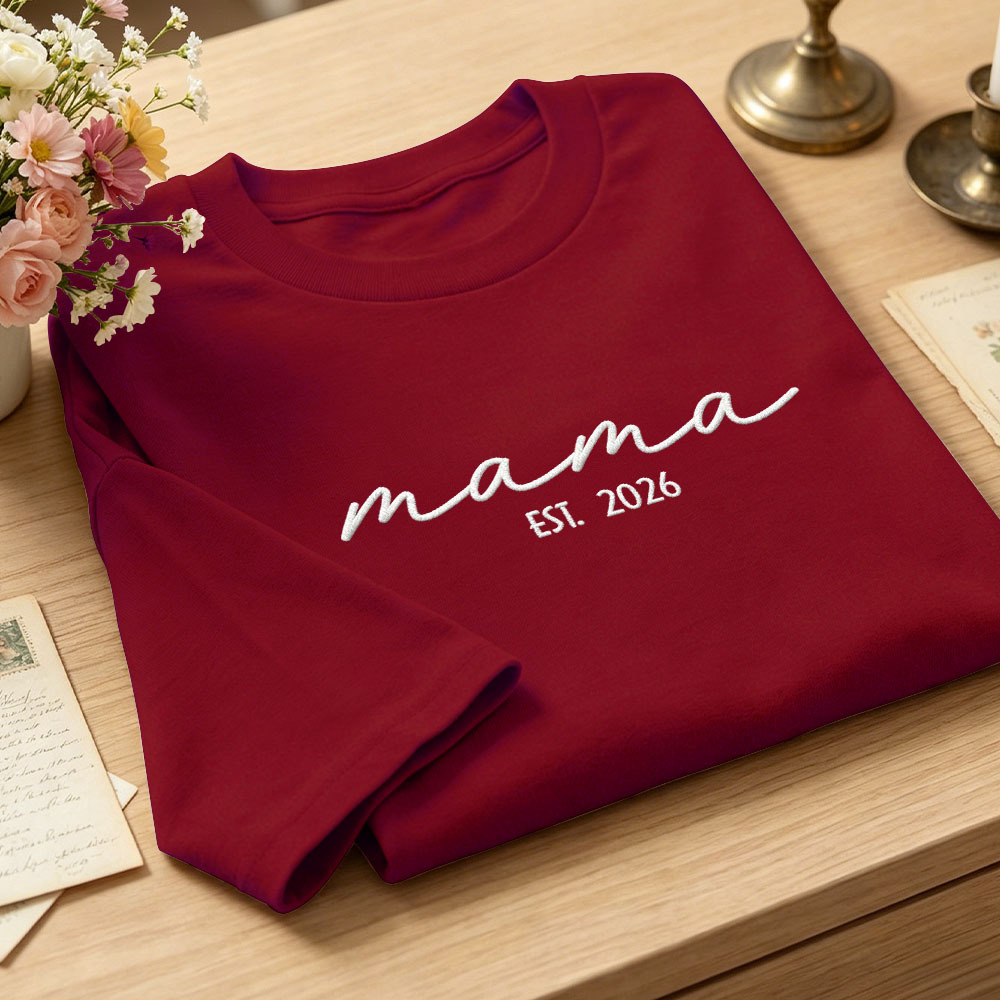 Custom Mama Embroidered T-Shirt Personalized Embroidered Tee for Mom New Mom Style Pregnancy Announcement Outfit Mother's Day Gift Selection - PhotoMoonLamp