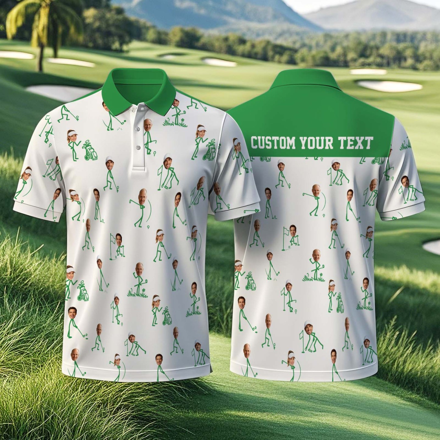 Custom Face Golf Polo Shirt, Personalized Photo Golf Shirt with Name, Funny Stick Figure Golfing Shirt, Unique Birthday Gift for Golfer - PhotoMoonLamp