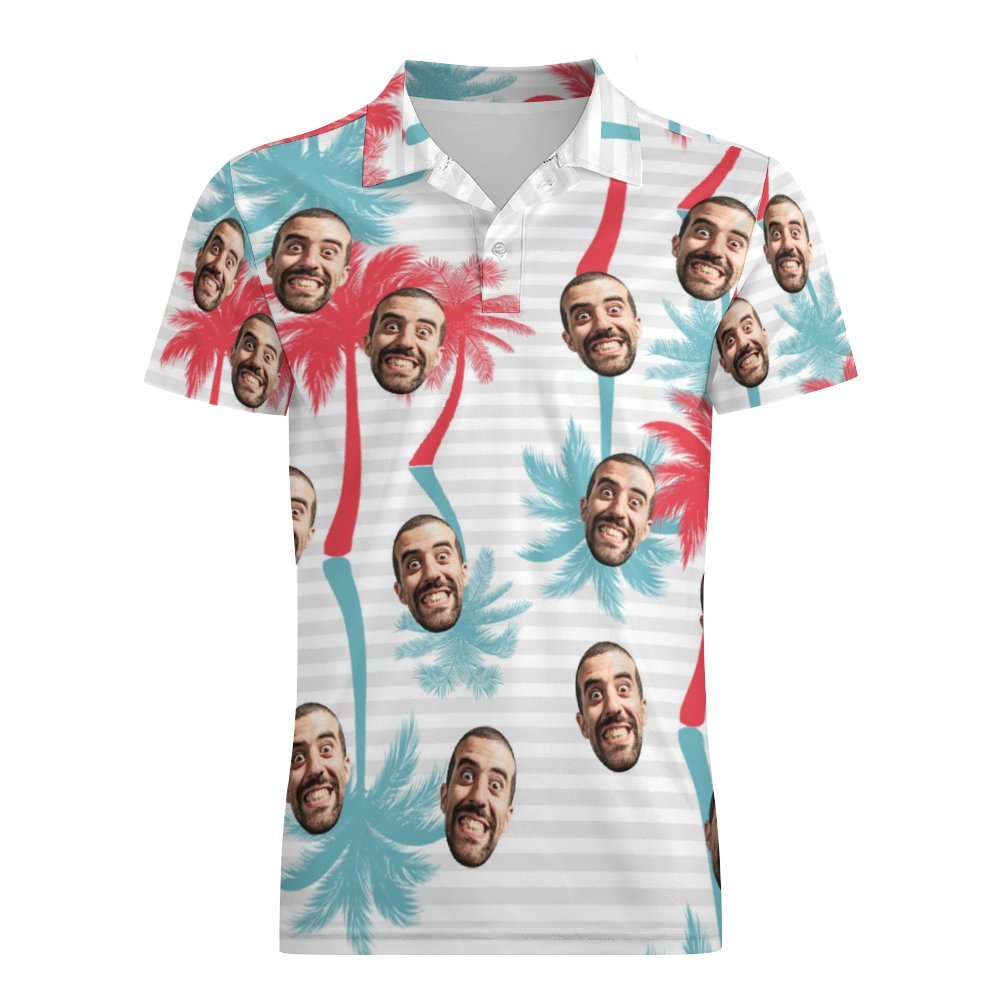 Men's Custom Face Polo Shirt Striped Style Personalized Hawaiian Golf Shirts - PhotoMoonLamp