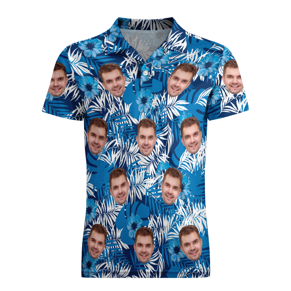 Men's Custom Face POLO Shirt Personalized Golf Shirts For Him Blue Leaves - PhotoMoonLamp