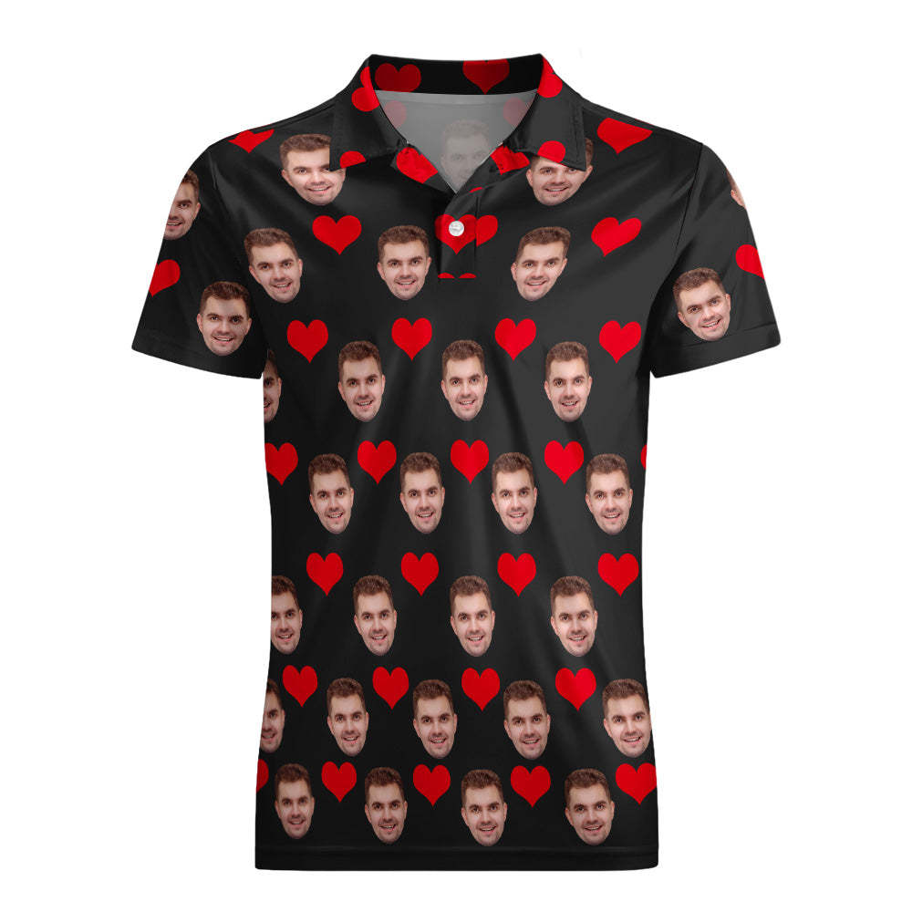 Men's Custom Face POLO Shirt Personalized Golf Shirts For Him Love Heart - PhotoMoonLamp