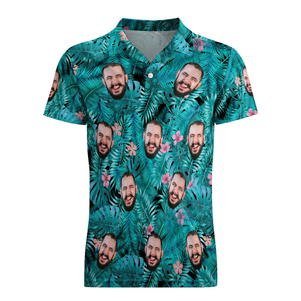 Men's Custom Face POLO Shirt Personalized Blue Golf Shirts For Him Pink Flower - PhotoMoonLamp