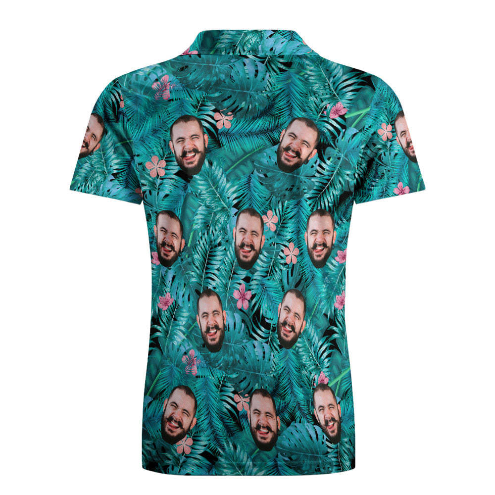 Men's Custom Face POLO Shirt Personalized Blue Golf Shirts For Him Pink Flower - PhotoMoonLamp