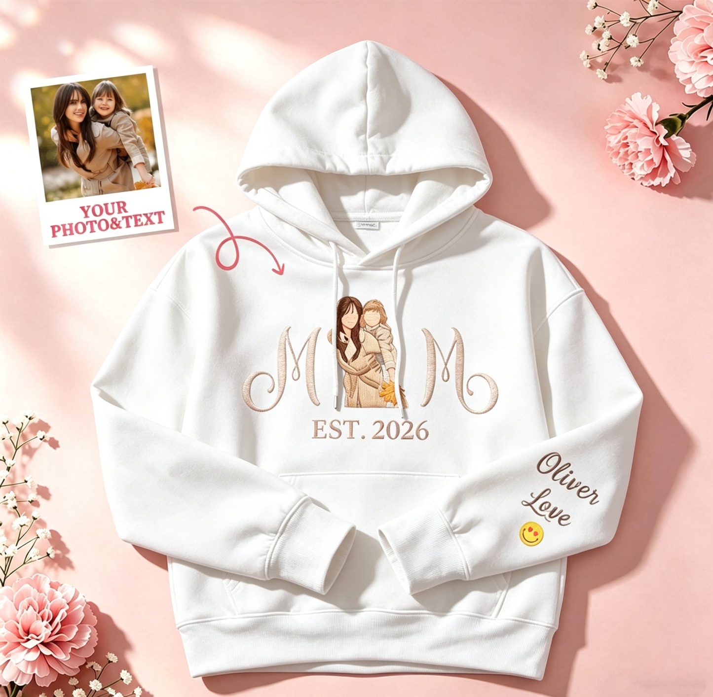 Custom Embroidered Mum Sweatshirt with Mum Kids Portrait - PhotoMoonLamp