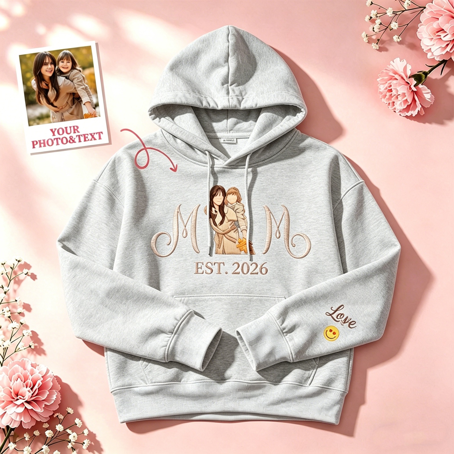 Custom Embroidered Mum Sweatshirt with Mum Kids Portrait - PhotoMoonLamp