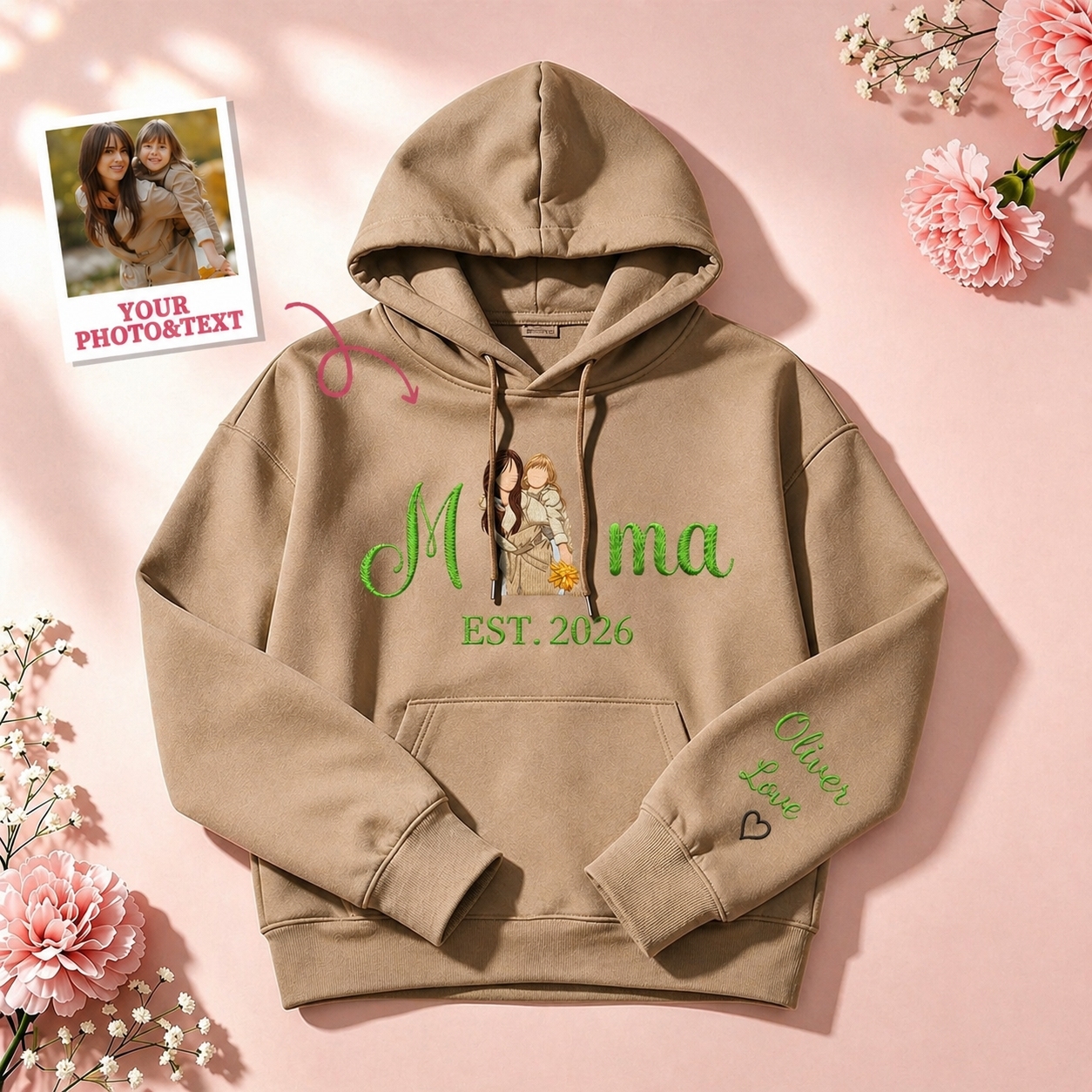 Custom Embroidered Mum Sweatshirt with Mum Kids Portrait - PhotoMoonLamp
