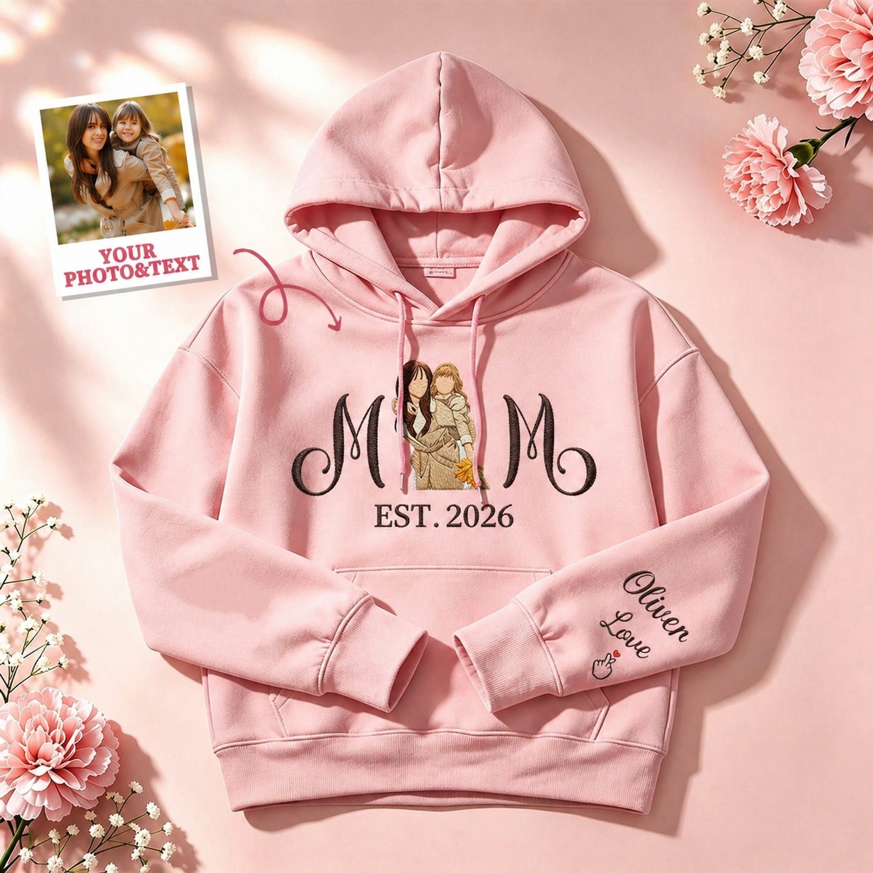 Custom Embroidered Mum Sweatshirt with Mum Kids Portrait - PhotoMoonLamp