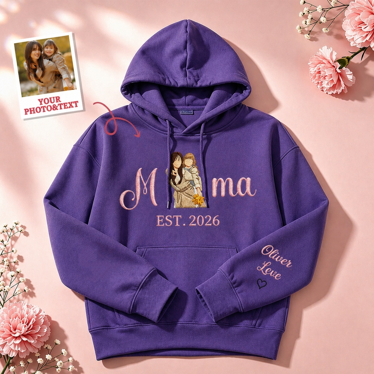 Custom Embroidered Mum Sweatshirt with Mum Kids Portrait - PhotoMoonLamp