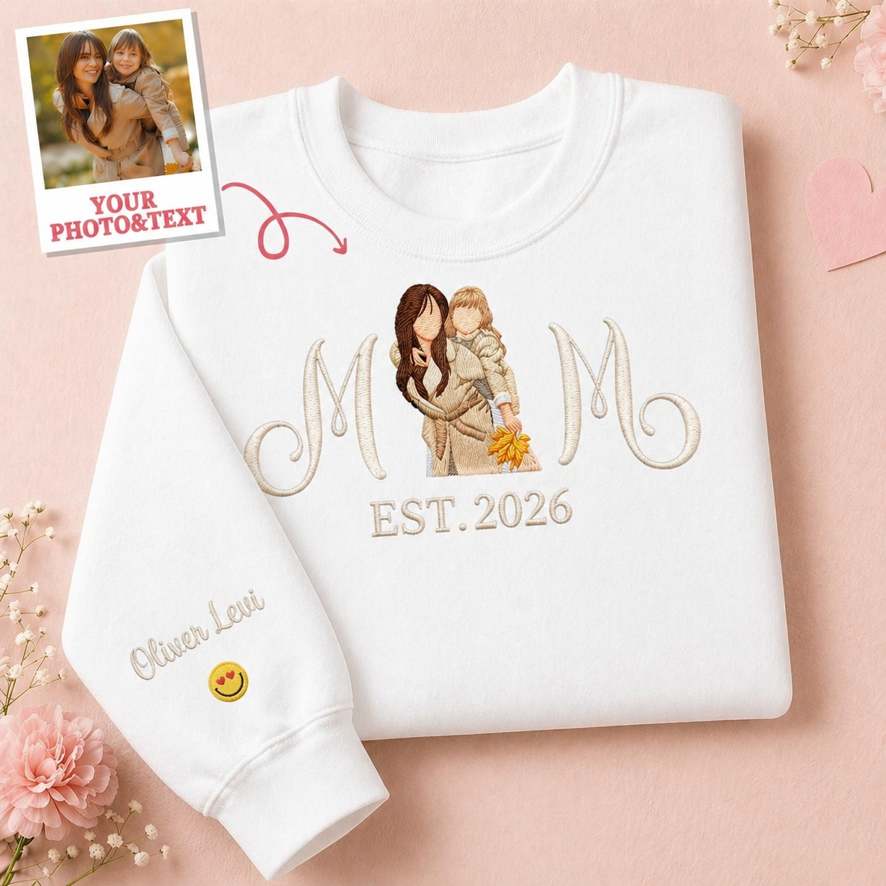 Custom Embroidered Mum Sweatshirt with Mum Kids Portrait - PhotoMoonLamp