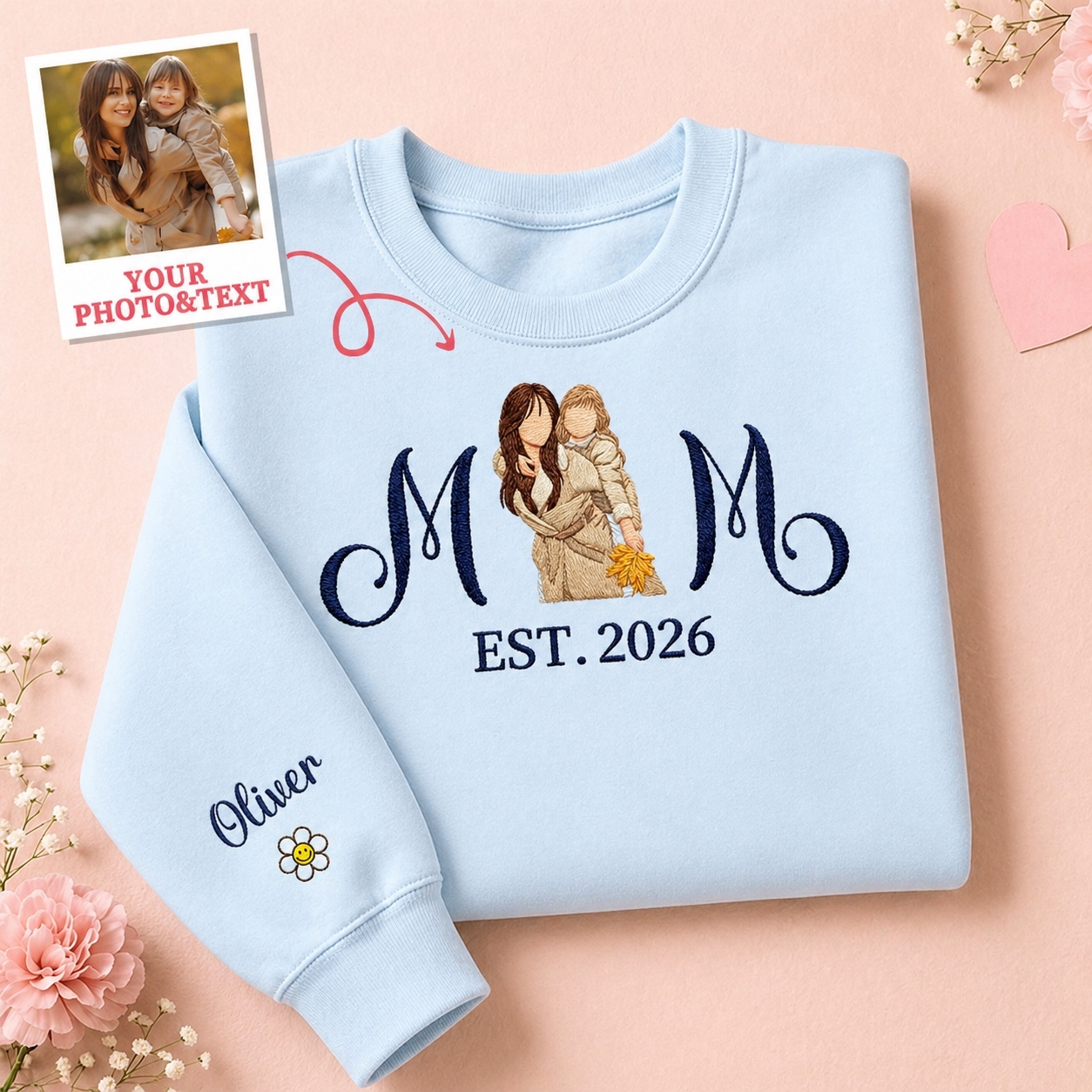 Custom Embroidered Mum Sweatshirt with Mum Kids Portrait - PhotoMoonLamp