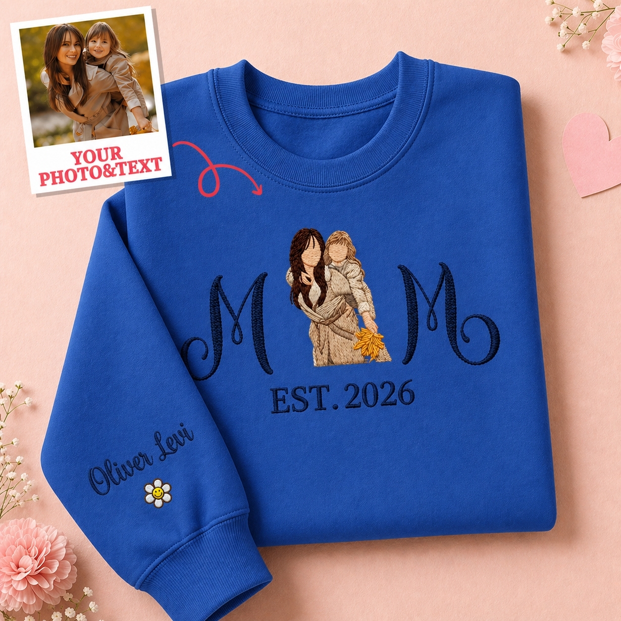 Custom Embroidered Mum Sweatshirt with Mum Kids Portrait - PhotoMoonLamp