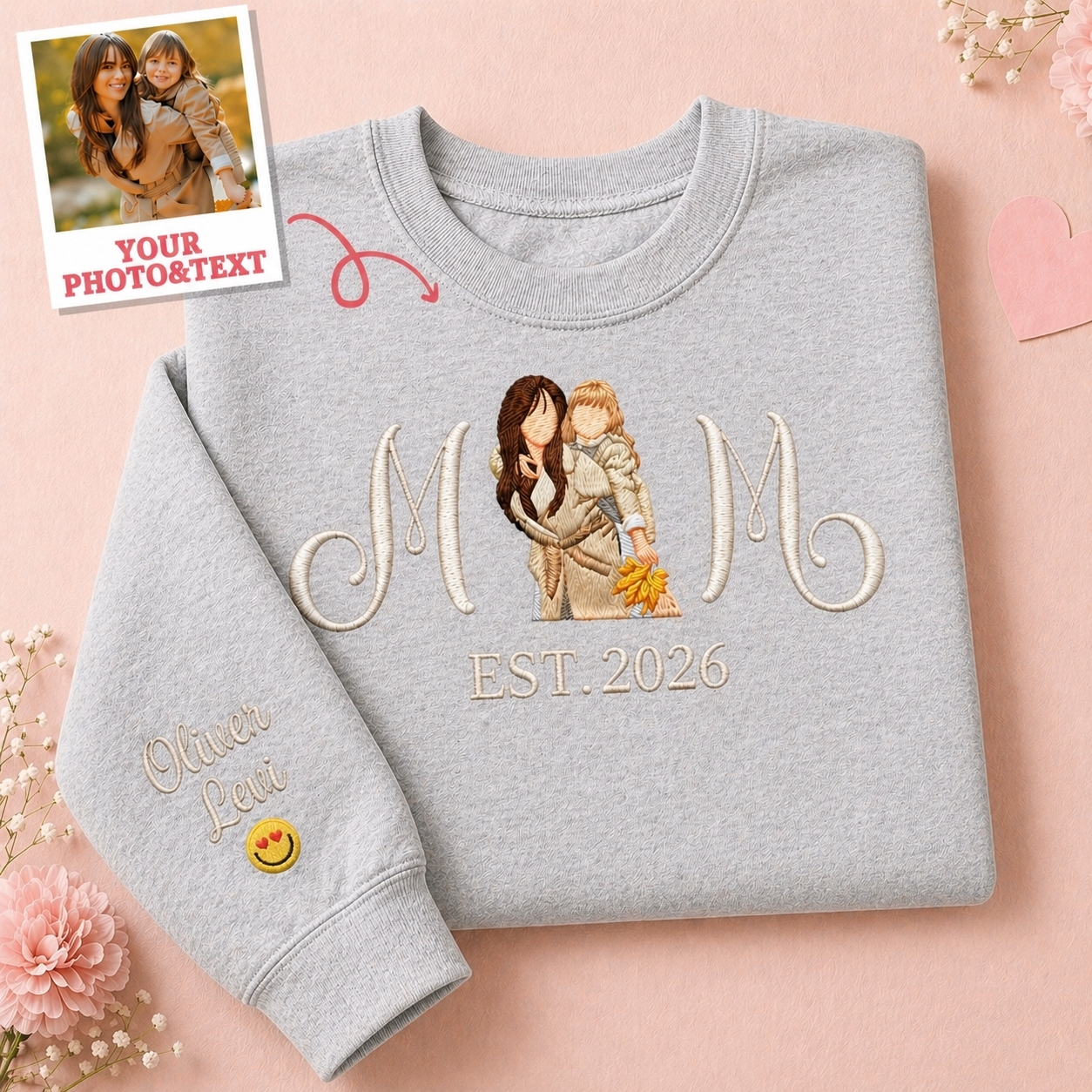 Custom Embroidered Mum Sweatshirt with Mum Kids Portrait - PhotoMoonLamp