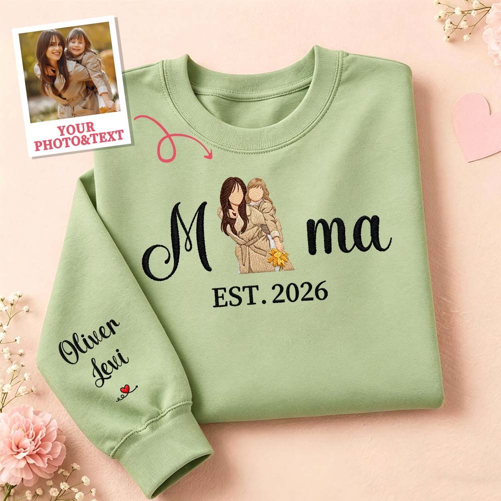 Custom Embroidered Mum Sweatshirt with Mum Kids Portrait - PhotoMoonLamp