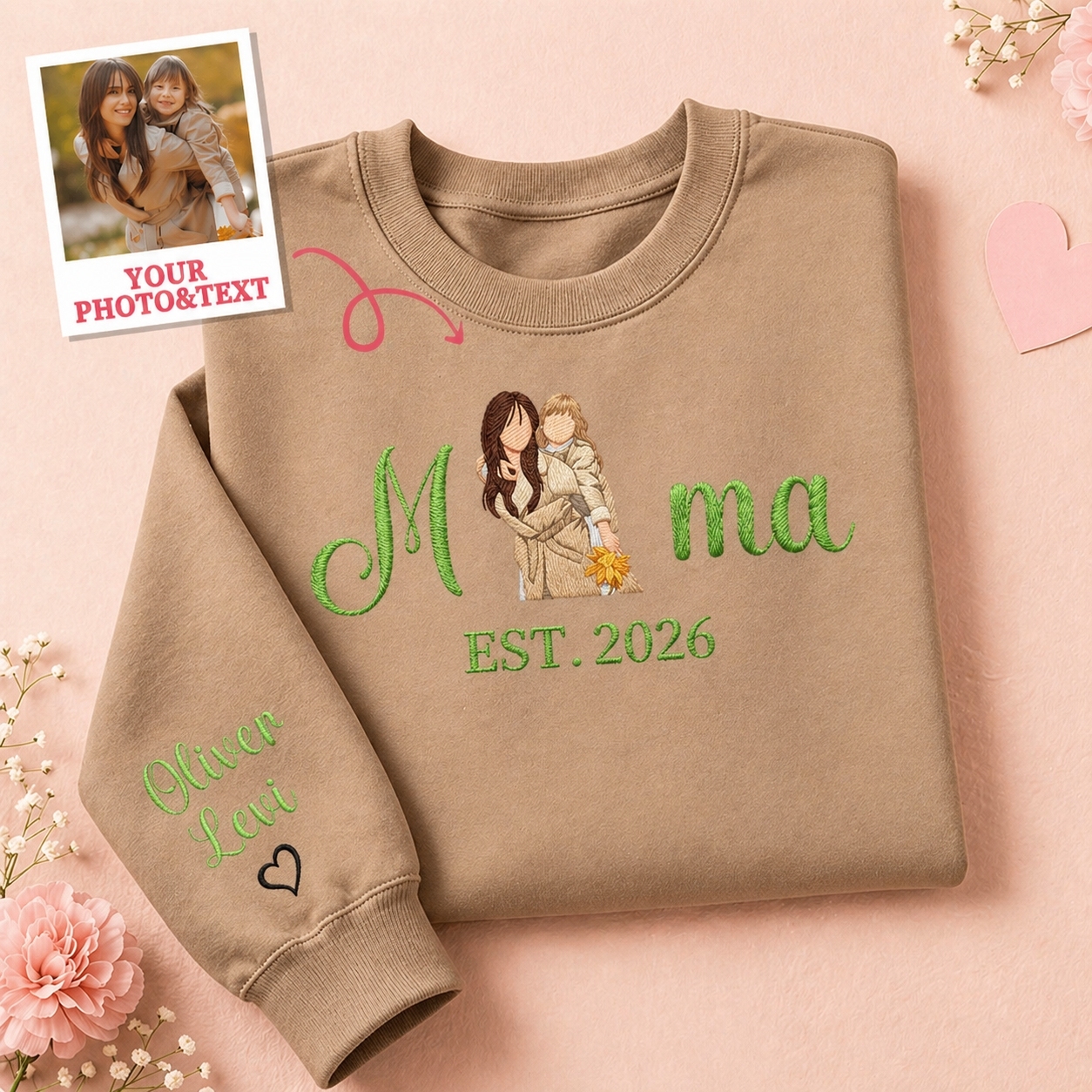 Custom Embroidered Mum Sweatshirt with Mum Kids Portrait - PhotoMoonLamp
