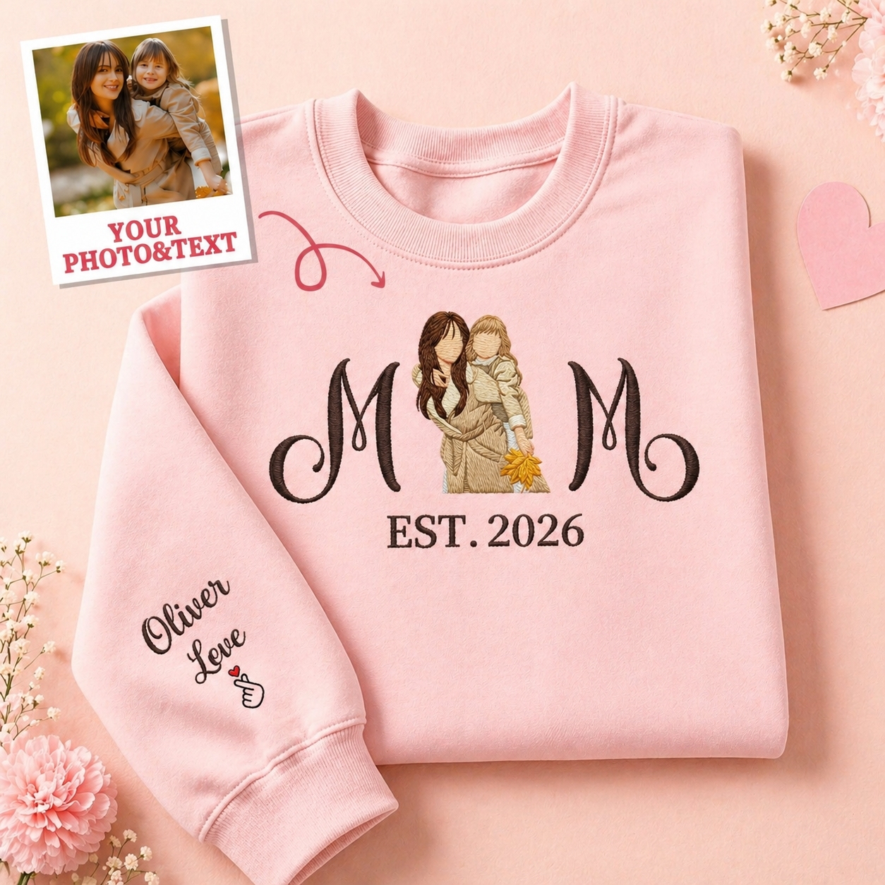 Custom Embroidered Mum Sweatshirt with Mum Kids Portrait - PhotoMoonLamp