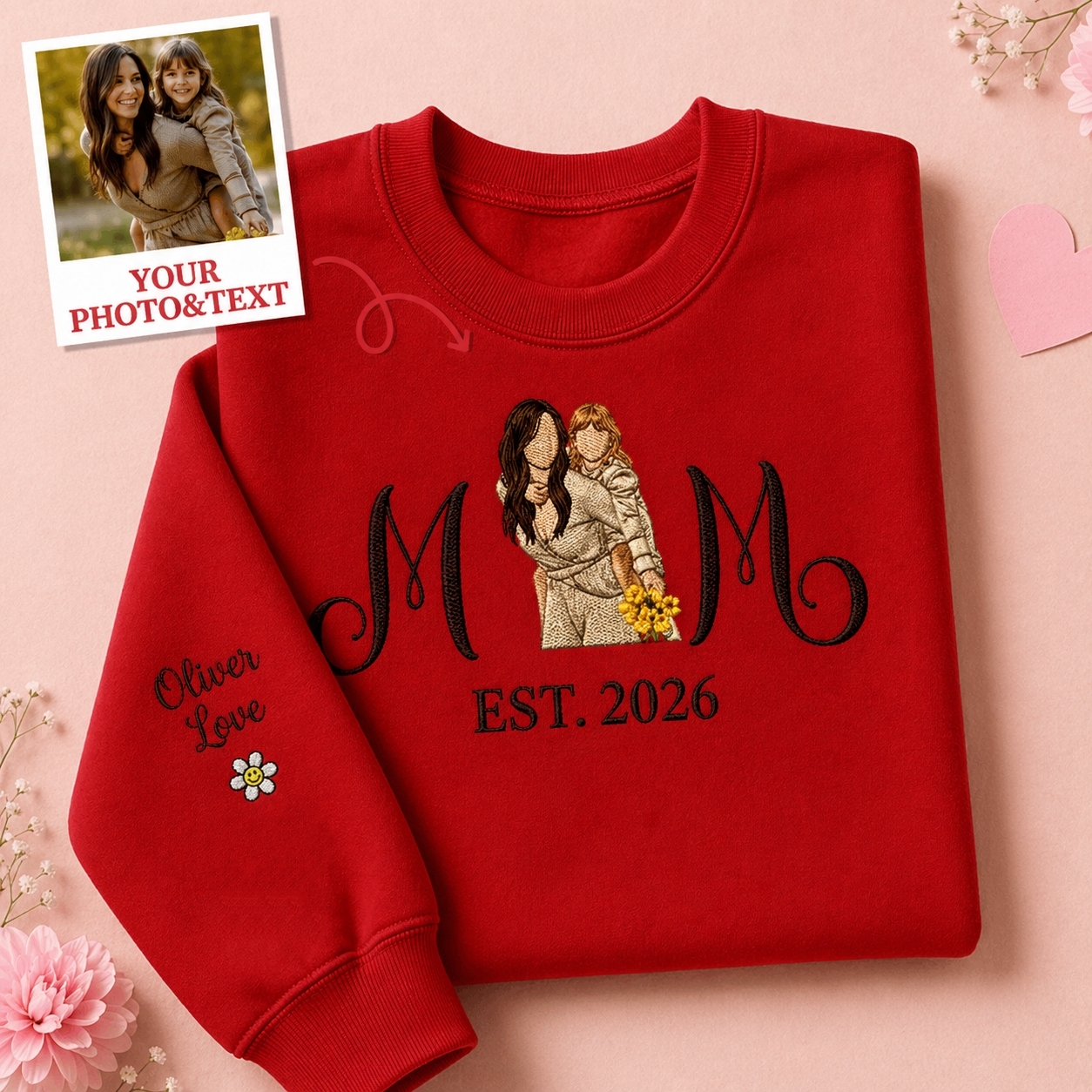 Custom Embroidered Mum Sweatshirt with Mum Kids Portrait - PhotoMoonLamp