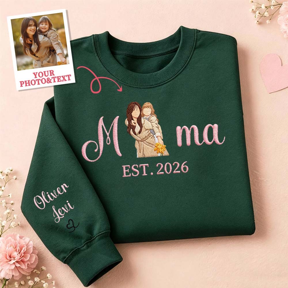 Custom Embroidered Mum Sweatshirt with Mum Kids Portrait - PhotoMoonLamp