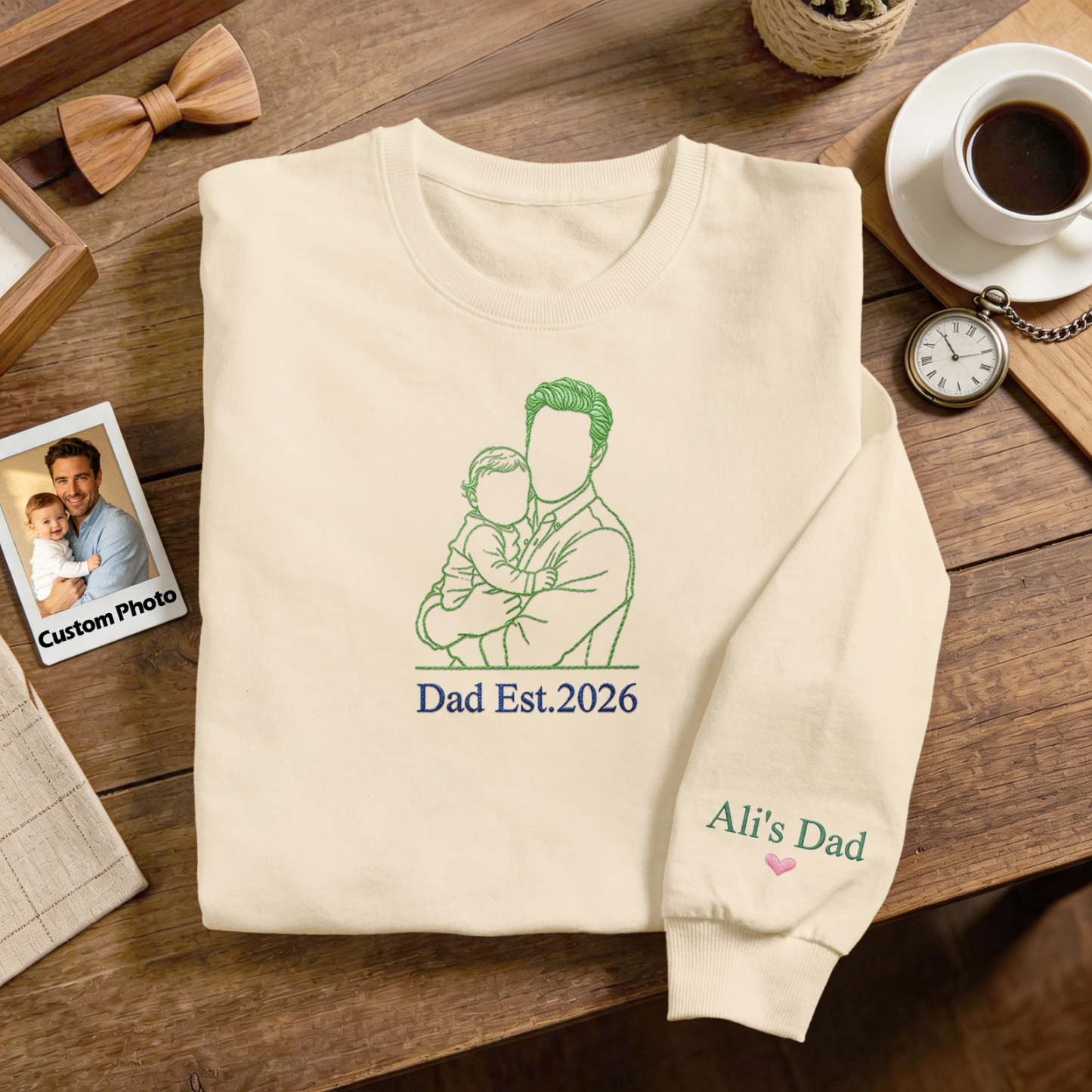 Custom Full Color Embroidered Sweatshirt Portrait Couple/Dad/Mom Family Gift Personalized Fathers Day Gift Idea - PhotoMoonLamp