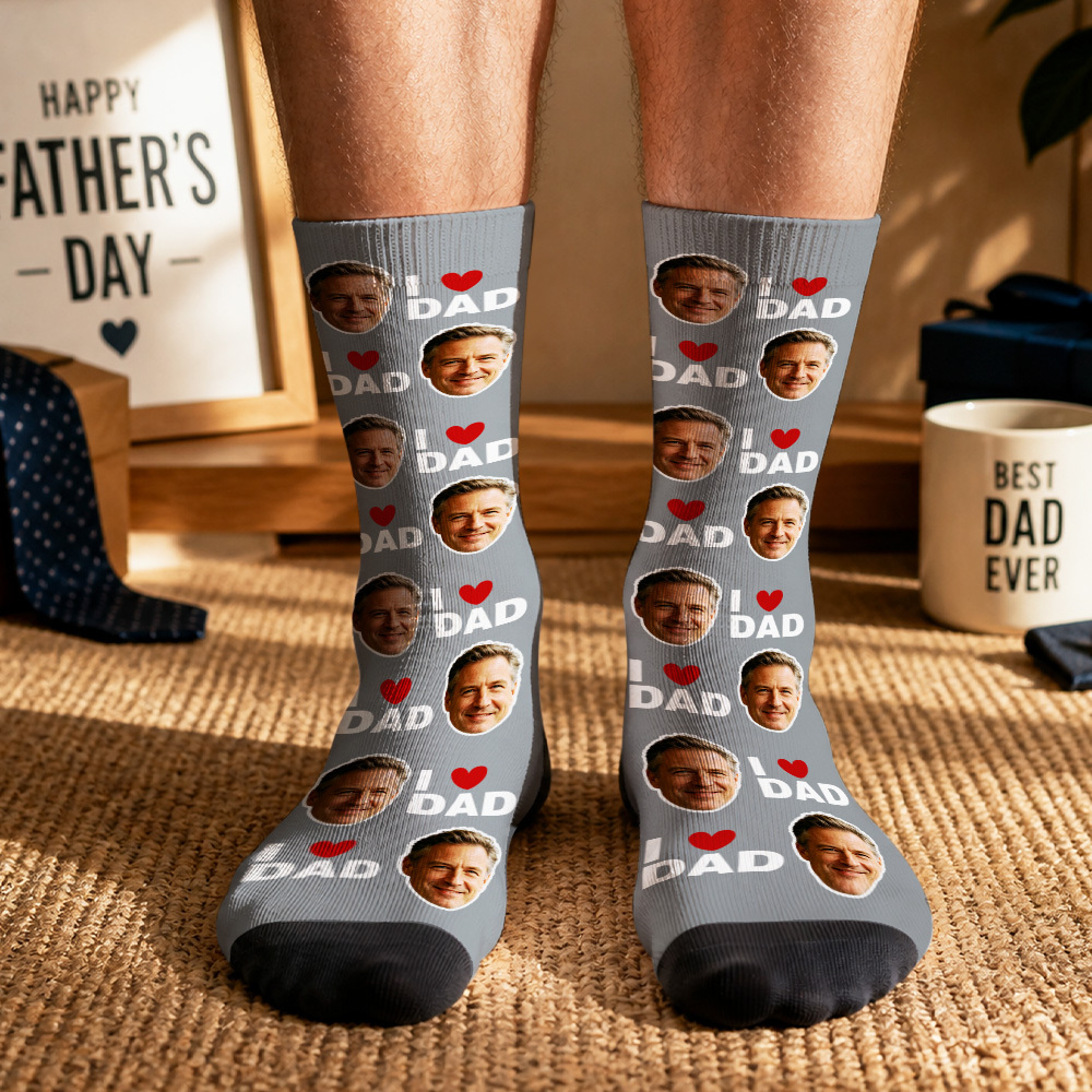 Personalized Dad Socks, Gift For Dad, I Love Dad Socks, Grandpa Gift, Father's Day, Custom Face Socks, Best Dad Ever - PhotoMoonLamp