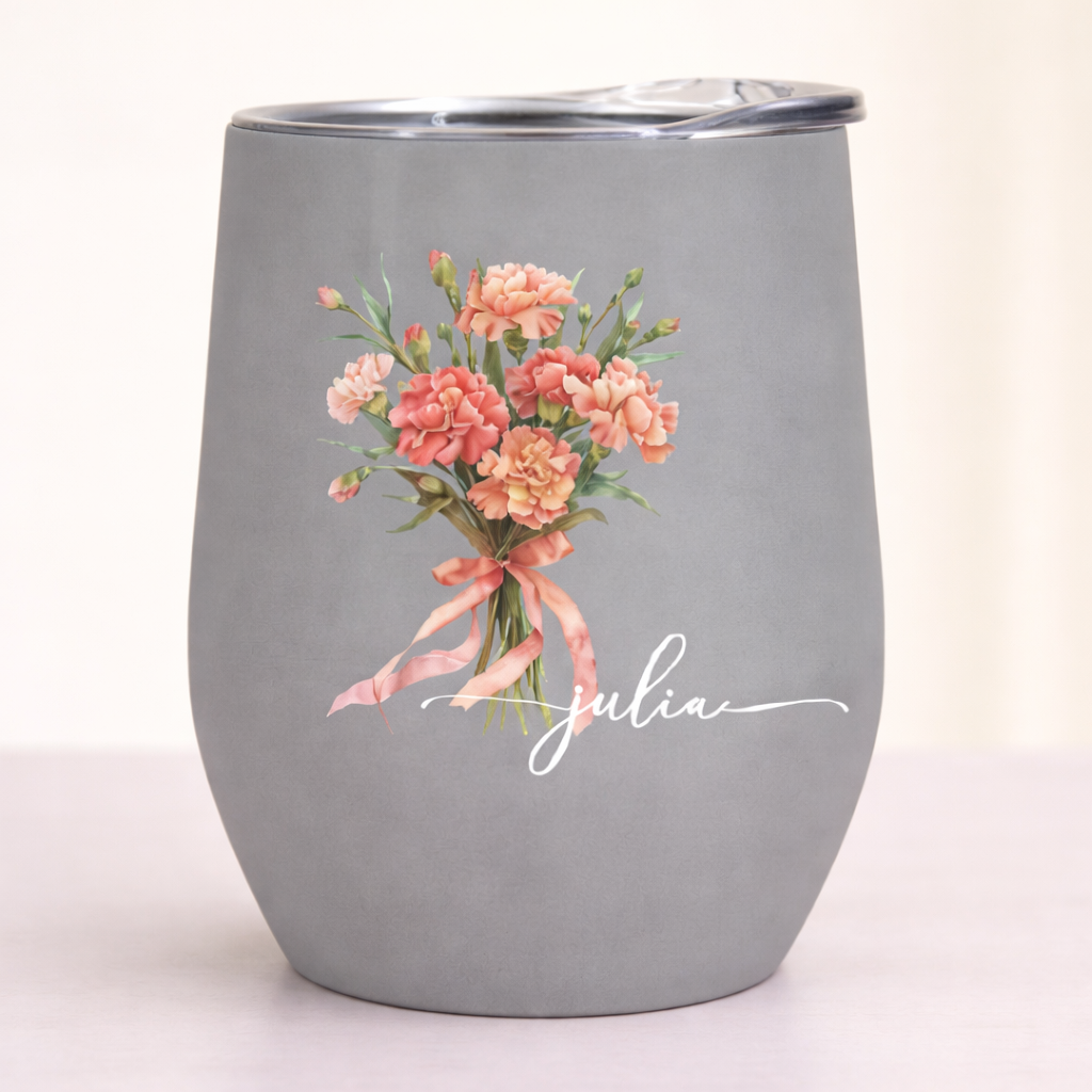 Custom Birth Flower Wine Tumbler for Her - Personalized Name Mother’s Day Gift
