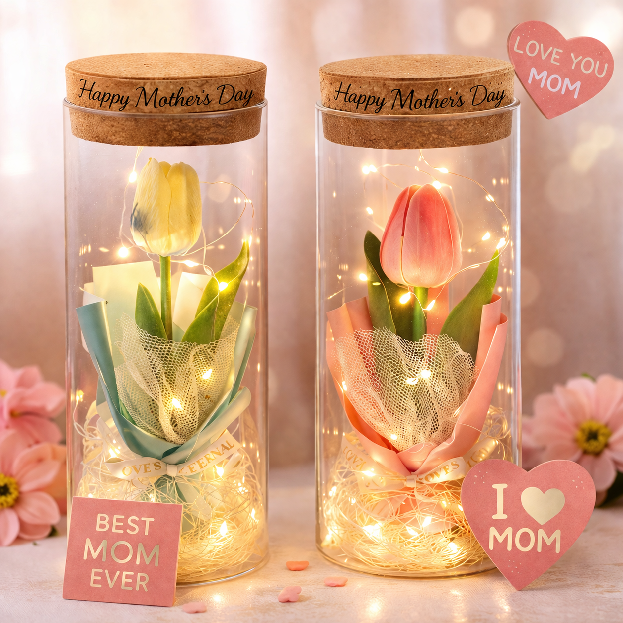 Tulip Glass Bottle Bouquet Night Light Romantic Mother's Day Gift