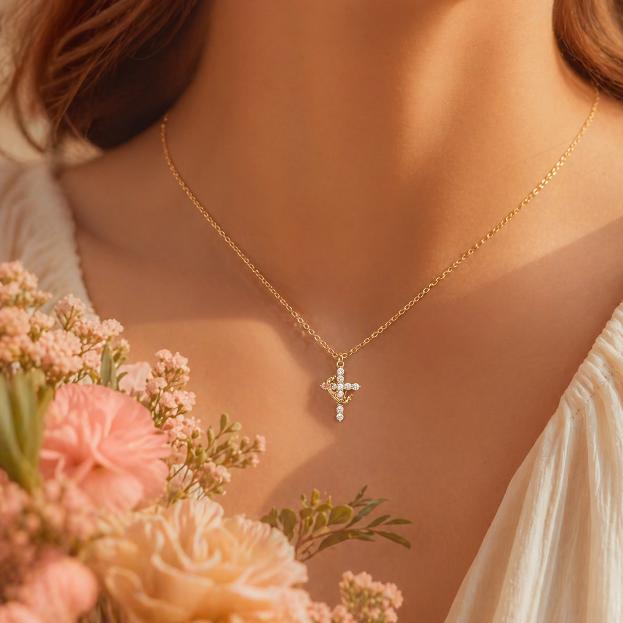 Dainty Crown Cross Necklace for Women, Copper-Based Silver-Plated Zircon Pendant, Perfect Mother's Day Gift for Mom