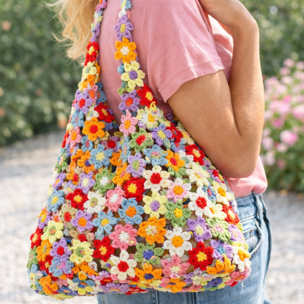 DIY Crochet Flower Shoulder Bag Kit – Handmade Knitted Granny Floral Tote, Yarn Craft Material Set, Boho Gift for Her