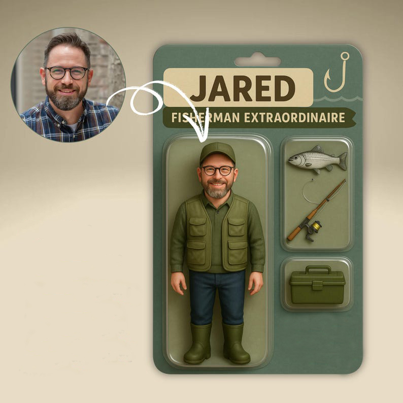 Fully Body Customizable 3D Effect Action Figure Pack Packaging Toy Box Style Art Gift Personalized Acrylic Car Hanger Gift for Dad for Fishing Man - PhotoMoonLamp