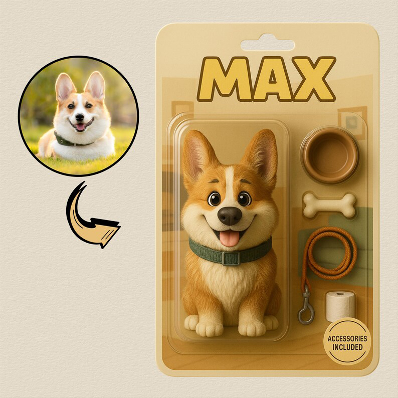 Fully Body Customizable 3D Effect Action Figure Pack Packaging Toy Box Style Art Gift Personalized Acrylic Car Hanger Gift for Pet Lovers - PhotoMoonLamp
