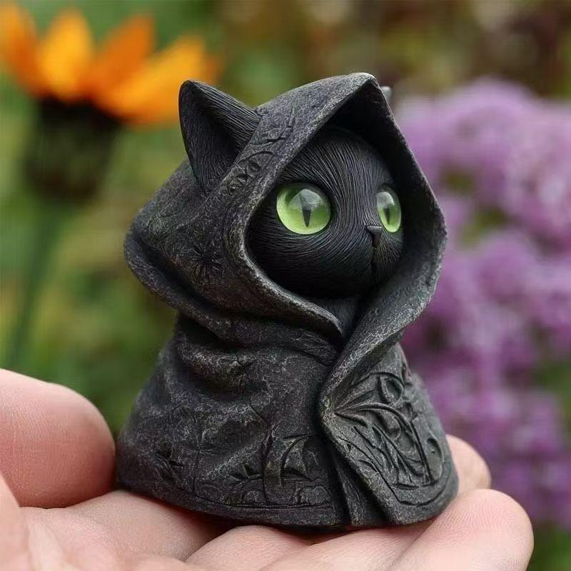 Mysterious Hooded Cat Figurine - Gothic Black Cat Statue, Fantasy