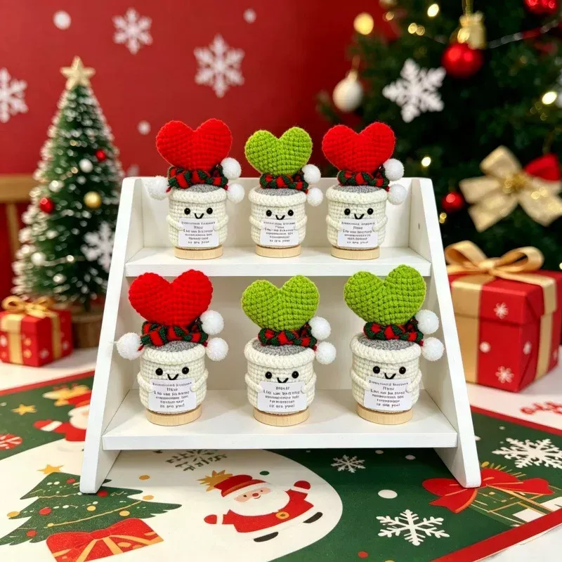 Crochet Christmas Flower Pot Decor - Festive Desktop Ornament Gift for Office, Home & Holiday Parties