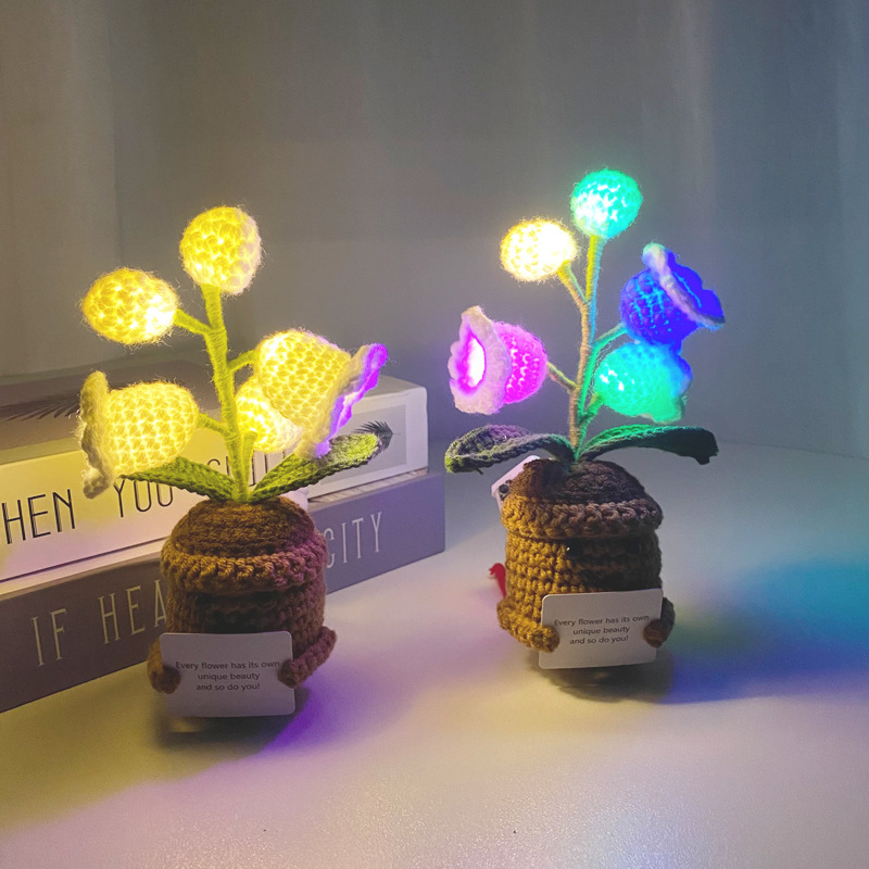 LED Light Crocheted Lily of the Valley - Glowing Potted Knit Flower Home Ambiance Decor
