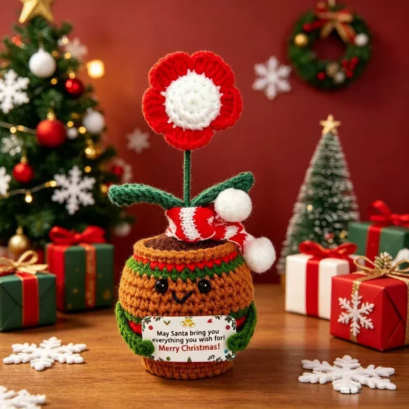 Crochet Christmas Flower Pot Decor - Festive Desktop Ornament Gift for Office, Home & Holiday Parties