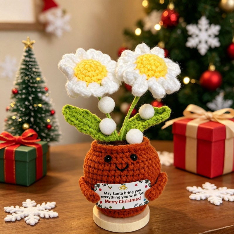 Crochet Christmas Flower Pot Decor - Festive Desktop Ornament Gift for Office, Home & Holiday Parties