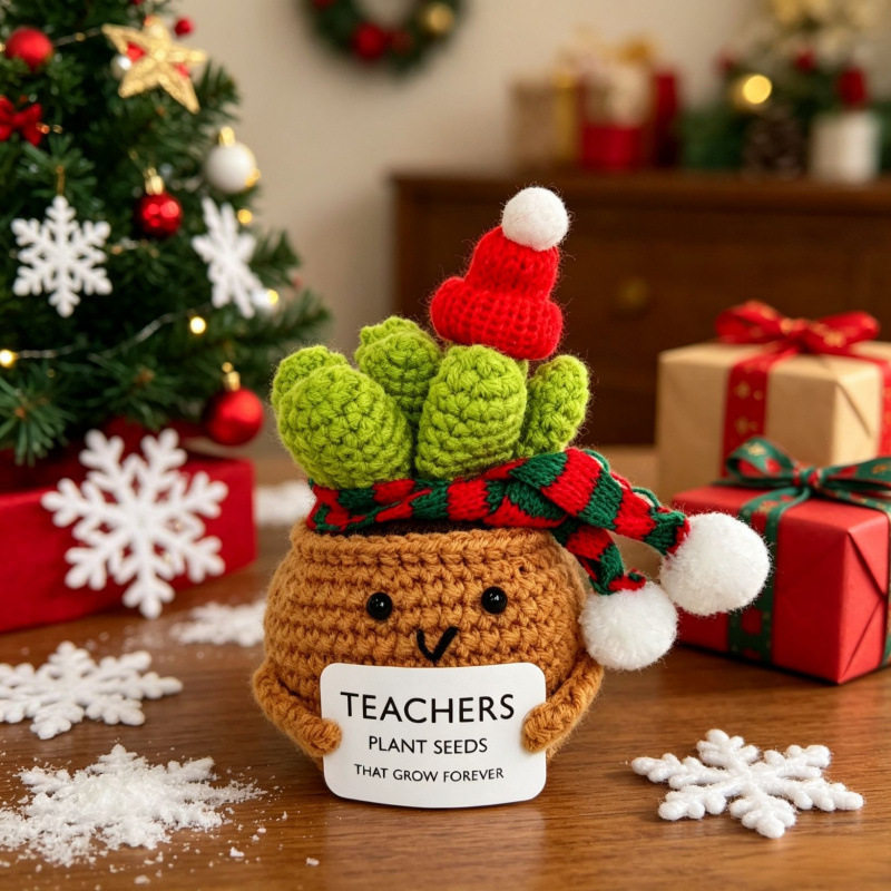 Crochet Christmas Flower Pot Decor - Festive Desktop Ornament Gift for Office, Home & Holiday Parties