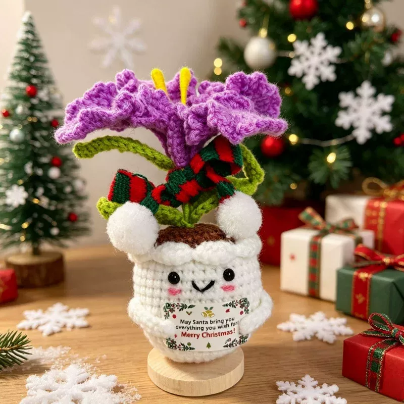Crochet Christmas Flower Pot Decor - Festive Desktop Ornament Gift for Office, Home & Holiday Parties