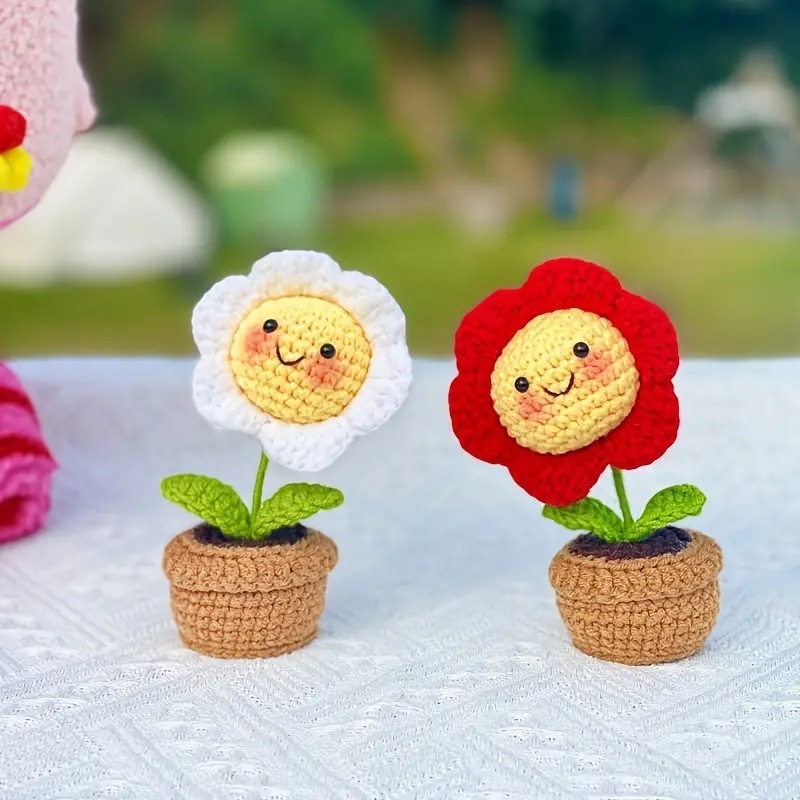 Crocheted Smiley Flower Mini Pot Rainbow Pastel Desk Decor