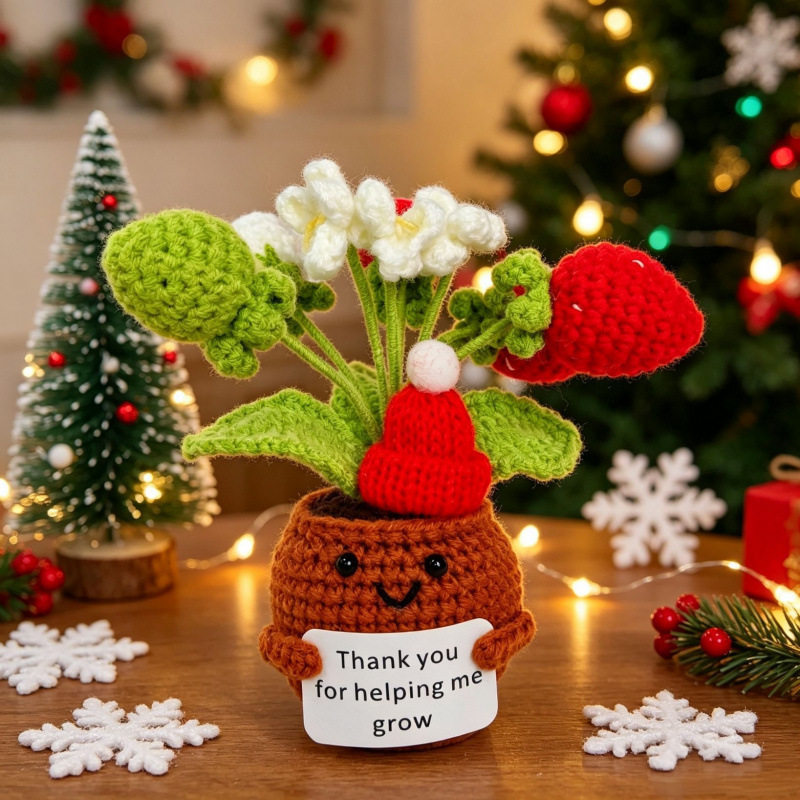 Crochet Christmas Flower Pot Decor - Festive Desktop Ornament Gift for Office, Home & Holiday Parties