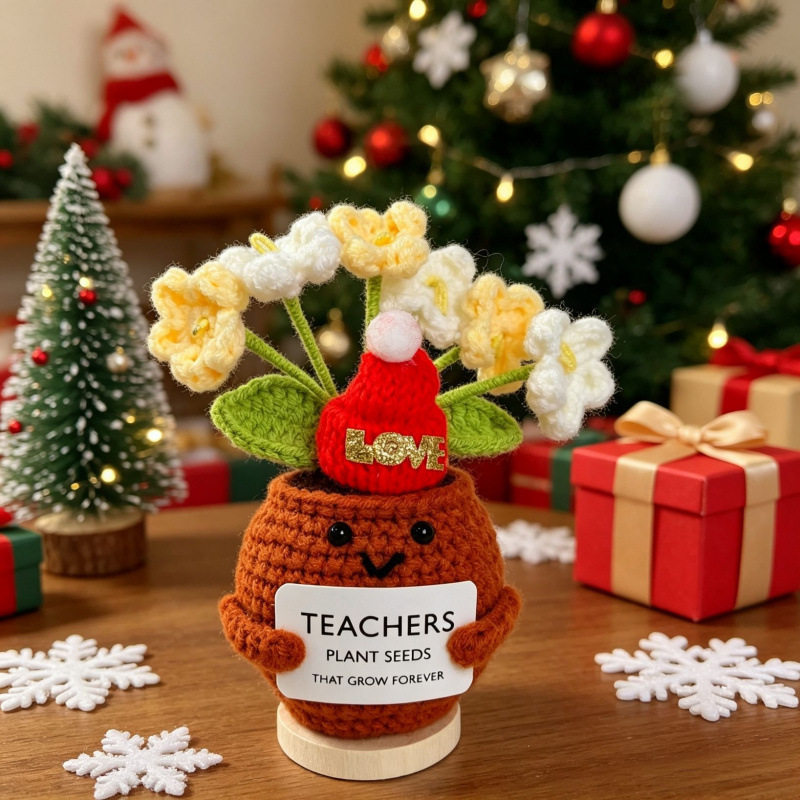 Crochet Christmas Flower Pot Decor - Festive Desktop Ornament Gift for Office, Home & Holiday Parties